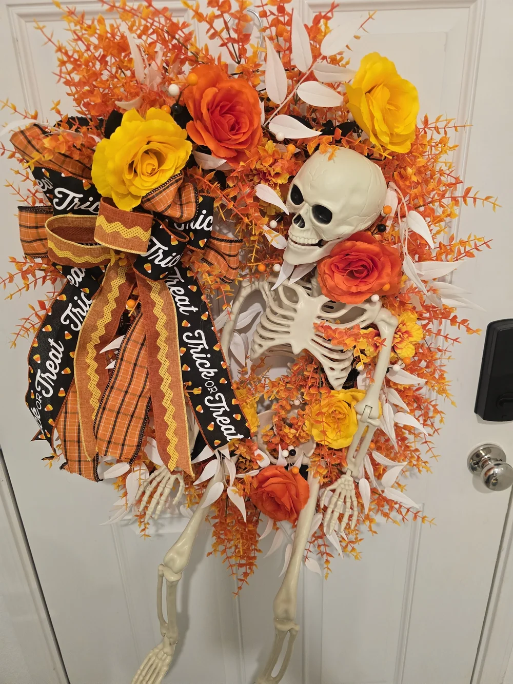 Halloween Skeleton Wreath with Orange & Yellow Flowers Candy Corn